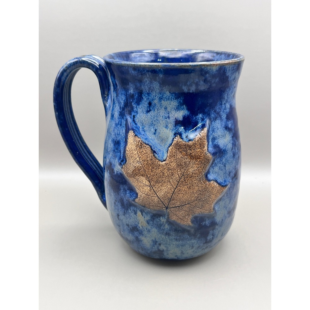 Handmade Studio Pottery Blue Glazed Maple Leaf Stoneware Mug Signed Artisan